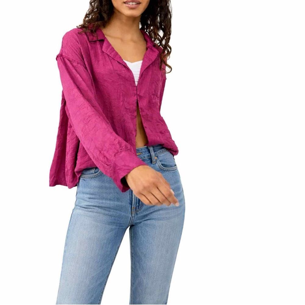 NWOT Free People Fuchsia Magenta Long Sleeve Crinkle Top Shine Time Blouse